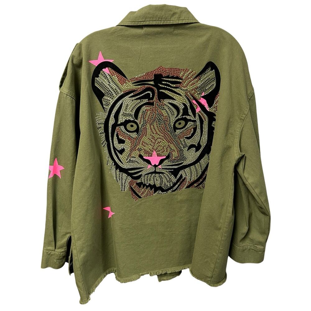 Blue Velvet Army Green Rhinestone Embellished Tiger Utility Jacket Womens Large